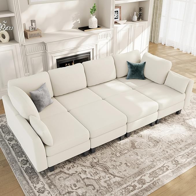 Sectional Sleeper Sofa, 8 Seaters Modular Sleeper Sofa Couch, Comfy Sectionals Couches Bed, Convertible Sofas with Ottomans, Modular Sectional Couches for Living Room, Beige