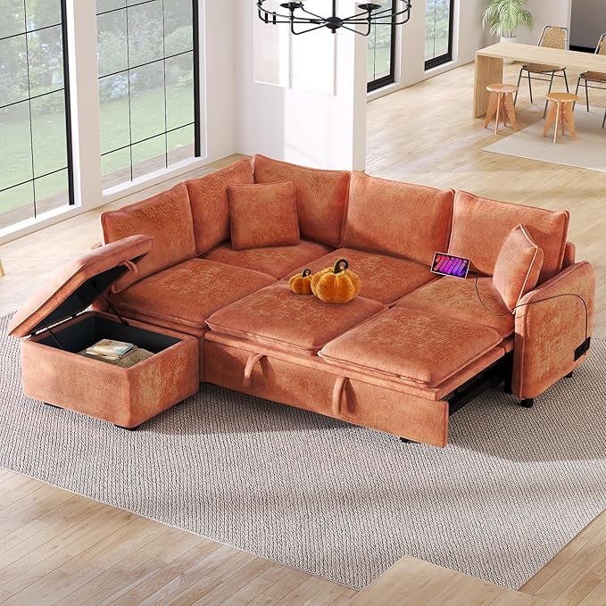 LUMISOL 82.7" Convertible Sleeper Sofa Bed with Storage Ottoman, L-Shaped Sectional Sofa with Pull Out Bed, USB Ports, Chenille Sleeper Sofa Couch with Chaise for Living Room, Orange