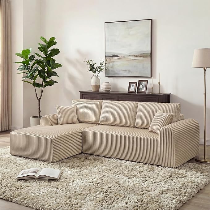 109“L-Shaped Sectional Sofa Boneless Couch Upholstery Cloud Modular Couch with Chaise No Assembly Required Corduroy Fabric Combination Deep Seat Living Room Bedroom(Camel, Left Hand Facing)