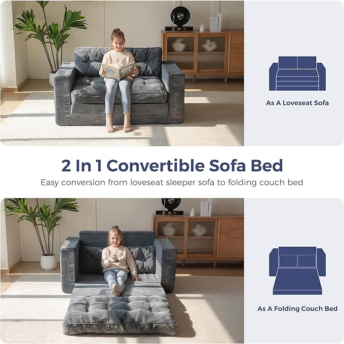 MAXYOYO Convertible Sofa Bed, Pull Out Loveseat Sleeper Sofa, 2 in 1 Folding Couch Bed, Fold Out Floor Couch with Pillows for Living Room Bedroom Lounge, Dark Grey