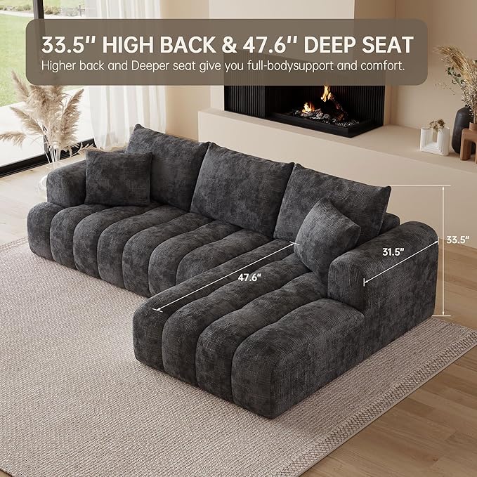 108" Cloud Sectional Couches for Living Room, Boneless L-Shaped Sofa with Pillow 3 Seater Modular Sectional Sofa (Dark Grey)