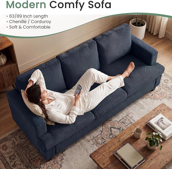 YOUDENOVA 2 Piece Set Comfy Sofa Couch, 3-Seater Sofa * 2 with Deep Seats, Modern Sleeper Couch for Living Room, Blue Corduroy