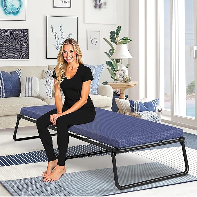 Beautyrest Folding Guest Bed, Twin Size, Steel Frame, Contouring Foam Mattress, Plush Removable Cover, 300 lbs Capacity
