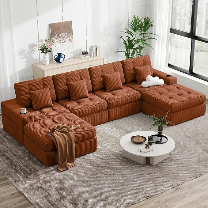 144" U Shaped Cloud Boneless Couch,Modern Modular Sectional Sofa with Layered Cushion,No Assembly Convertible Corduroy Couches for Living Room,Caramel 1 PCS