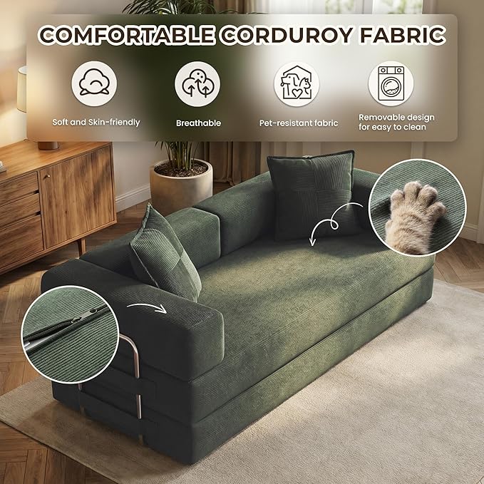 78 Inch Convertible Sofa Bed, 5-in-1 Futon Sofa Bed Pull Out Couch, Boneless Couch Bed for Living Room, Corduroy Boneless Couches for Bedroom, Apartment, No Assembly Sleeper Sofa Bed, Green | 4 Fixed-Shape Frame, Removable Corduroy, High-density foam, ...