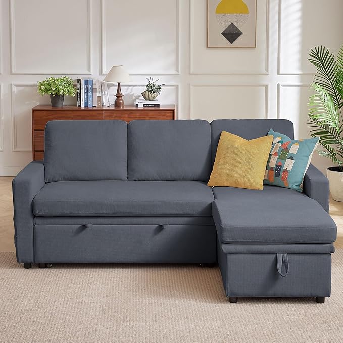 Sleeper Sofa Bed, Convertible L Shaped Sofa | Pull Out Bed with Reversible Storage Chaise | Layered Storage | Side Pockets | 3-Seater Comfy 79" Sectional Pullout Couch for Living Room, Dark Grey