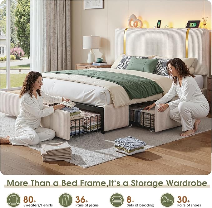 HomKdom King Size Bed Frame with 6 Storage Drawers, Soft Upholstered Bed Frame King with Adjustable Tall Corduroy Headboard, LED Light & Charging Station, 1200-LB Heavy Duty Metal Support,Modern,Beige