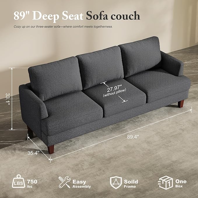 3 Seater Sofa Couch with Deep Seats, 89" Mid Century Modern Upholstered Sofa with Armrests, Comfy Couches for Living Room, Bedroom, Apartment and Office (Dark Grey)
