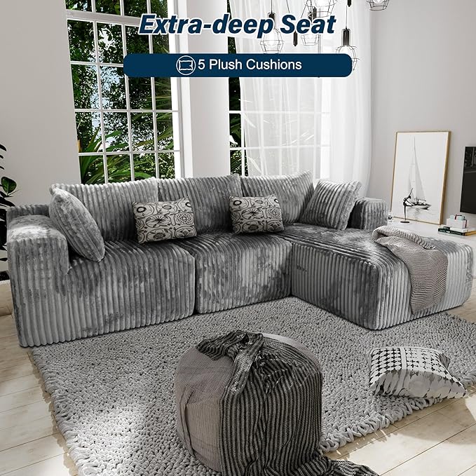 3 Seater L Shaped Sofa with Deep Seat, 101" Cloud Sectional Couch with Chaise, Cozy Modular Couches Sleeper, Oversized Corduroy Sofa for Living Room Bedroom Apartment, Pale Gray