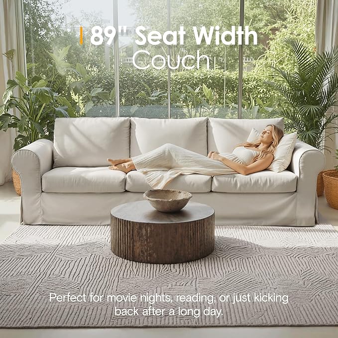 89" 3 Seater Sofa for Living Room, Deep Seated Comfy Couch High Back Suppor Removable Washable Couches, Modern Farmhouse Rolled-Arm Sofas - Grey