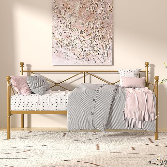 VECELO Twin Daybed Frame, Metal Day Bed with Stylish Headboard, Multifunctional Platform Beds for Bedroom, Guest Room, No Boxing Spring Needed, Golden