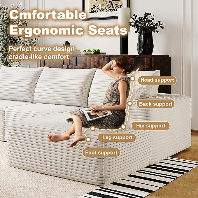 136" Sectional Couches for Living Room Cloud Couch Sofa with L-Shape Upholstered Boneless Couchs Modern Modular Sectional Couch with Chaise (White, 136" Right Facing Chaise+3Seaters)
