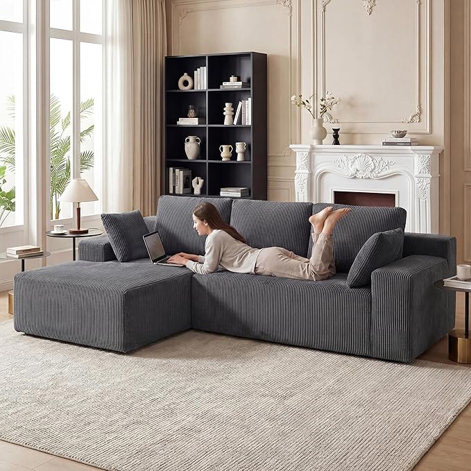 Cloud Sectional Boneless Couches for Living Room, Modular L Shaped Couch with Deep Seat Oversized Left Facing Chaise, Memory Foam Compressed Spineless 3 Seater Sofa for Apartment, Grey | No Assembly Required, Deep Seat, Cat-Claw Resistant, Flexible Mod...