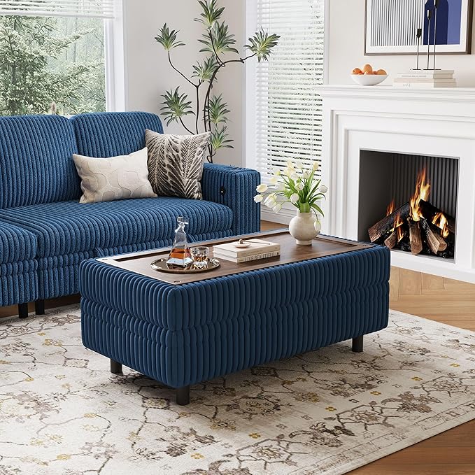 LINSY HOME Sectional Sleeper Sofa - Modular Ottoman Module (Blue, Sleeper Sofa Ottoman) | Storage, Convertible, Coffee Table, Plush Corduroy