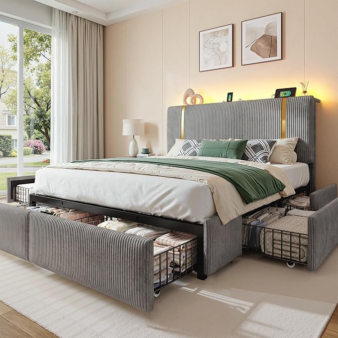 Homkdom Full Size Bed Frame with Headboard & 6 Storage Drawers,Soft Upholstered Bed Frame Full with LED Light & Charging Station,1200-LB Heavy Duty Metal Support,Modern,Grey