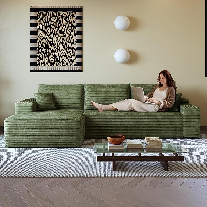 108" Sectional Couches for Living Room Cloud Couch Sofa with L-Shape Upholstered Boneless Couchs Modern Modular Sectional Couch with Chaise (Green, 108" Left Facing Chaise+2Seaters)