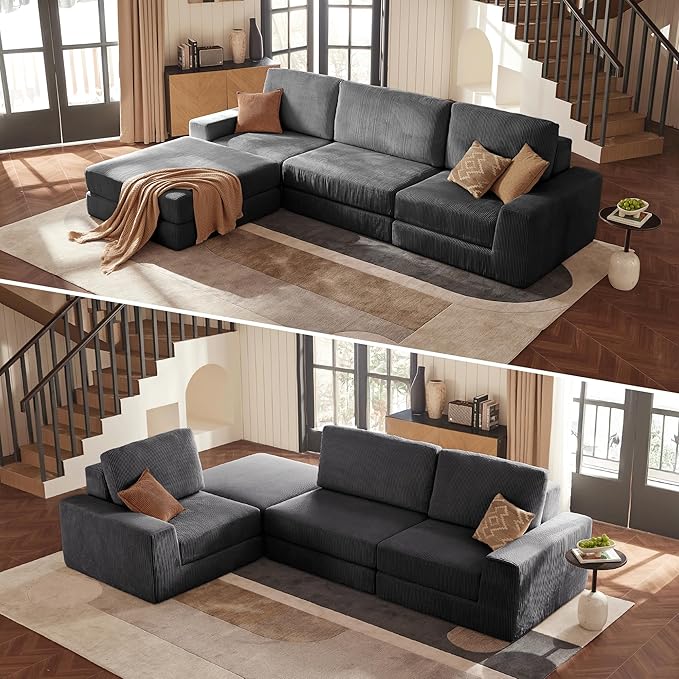 Modular Sectional Sofa, 120.47" Modern Cloud Couch Sectional Sofa with L-Shaped Chaise Comfy Corduroy Fluffy Couch with Deep Seat Boneless couches for Living Room Bedroom