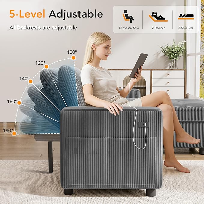 Vipbear Sectional Sleeper Couch with Pull Out Sofa Bed, L Shaped Plush Corduroy Couch with Reclining Backrest & Storage & USB Charging, Convertible Cloud Sectional Sofa Bed for Living Room, Grey | Breathable material, Tool-Free Assembly, Reclining Back...
