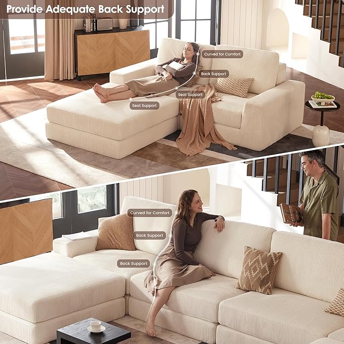 Modular Sectional Boneless Sofa, 160.63" Oversized Modern Cloud Couch Sectional Sofa with U-Shaped Chaise Comfy Corduroy Fluffy Couch with Deep Seat Couches for Living Room Bedroom, White