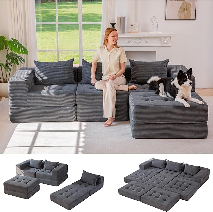 MAXYOYO Modular Sectional Sofa Couch, Foldable L-Shaped Folding Sofa Bed with Ottoman, Convertible Sectional Couch Corded Tufted Floor Sofa Lounger with Pillows for Living Room, No Assembly, Dark Grey