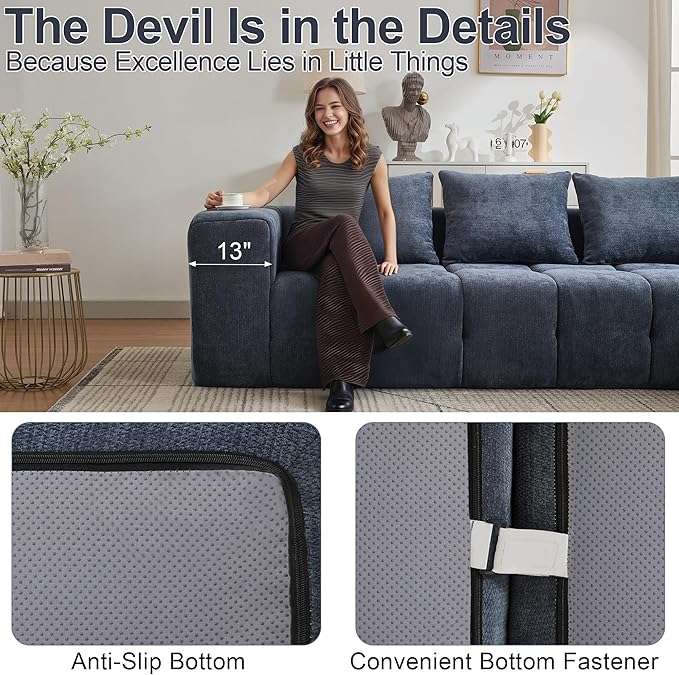 119" Boneless Couch, Cloud Sectional Couch with Deep Seat, High-Density Memory Foam and Chaise, Sectional L Shaped Sofa, Boneless Couches for Living Room, No Assembly Required Tufted Sofa, Blue