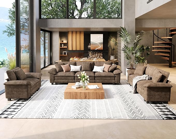 3 Piece Living Room Sofa Furniture Set, Chenille Modular Loveseat, Cloud Chair, and 3-Seat Couch with Pillow, Oversized 6-Seat Modern Sectional Deep Sofa for Apartment, Taupe