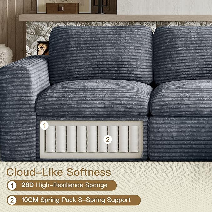 Belffin Boneless Cloud Modular Sectional Sofa 3-Seater L Shaped Couch with Ottoman Convertible Sofa Bed Plush Corduroy Cloud Sectional Couches for Living Room. Grey Sofa