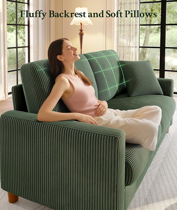 87.2" Couches for living room, Comfy Sectional Couch Green 7.5" Thicker Cushion, Sofas for Living Room Tool-Free Setup, Accent Chair with Ottoman 848lbs Support, Corduroy Couch for Home Office