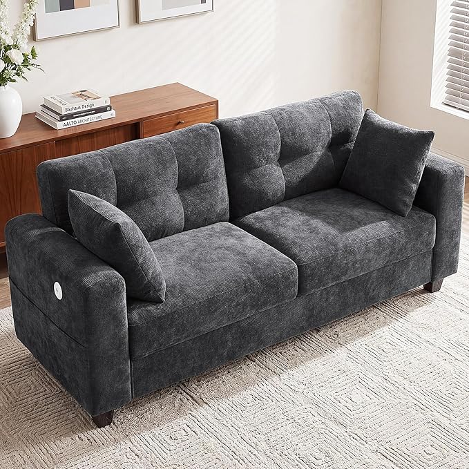 70" Loveseat Sofa for Living Room, Modern Chenille Cloud Couch with USB/Type-C Charging Ports, Side Pockets, Removable Cover, Wide Armrests, Small Couch for Small Space, Easy Assembly, Grey
