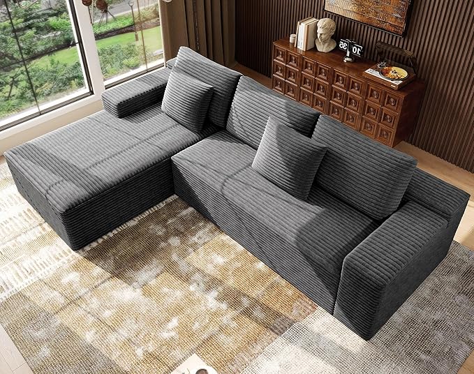 Boneless Modular Sectional Sofa, Cloud Couch with Left Facing Chaise, Oversized Deep Seat, L-Shaped, Soft Corduroy Fabric, Sectional Couch for Living Room -Grey