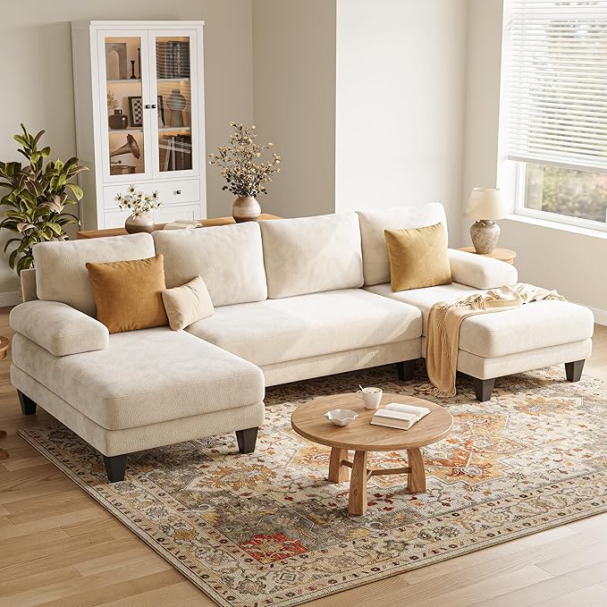 U-Shaped Sectional Couches for Living Room | 112 Inch Modern Sectional Couch | Warm White Chenille Sofa with Double Chaise for Apartment