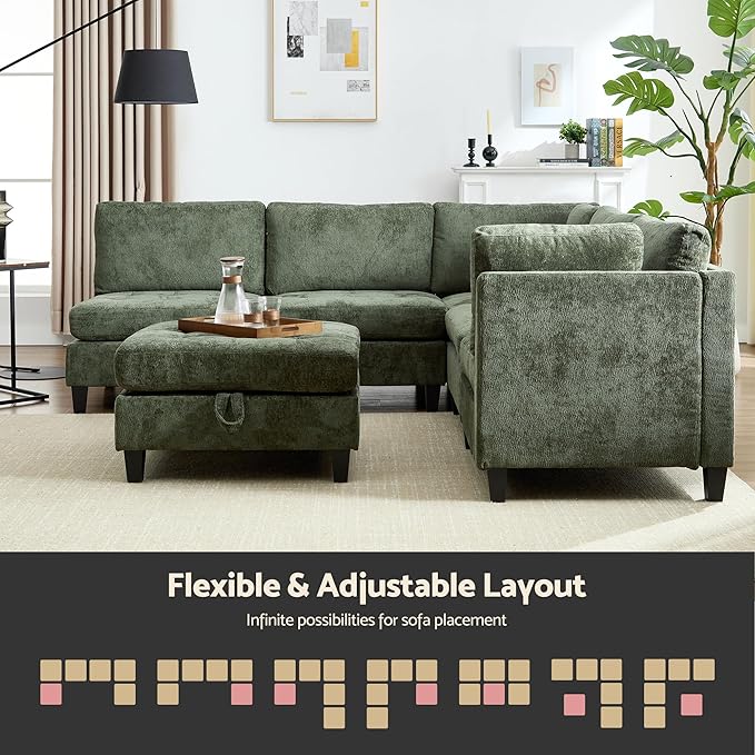 Luxe Oversized Modular Sectional Sofa, Modern Chenille Convertible Sleeper Sofa with Storage Ottoman, Comfy Deep Seat U-Shaped Cloud Couch for Living Room（Green，5-Seater + 1*Ottoman+ Tea Tray）