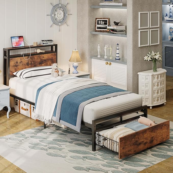 LIKIMIO Twin XL Bed Frames with Drawer, Storage Headboard with Outlets, No Box Spring Needed, Easy Assembly, Vintage Brown