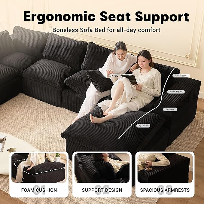 137.8” Sectional Couches for Living Room, Set of Cloud Couch, Modular Sectional Sofa, Convertible Sofas Bed, Deep Seat Sofa, Sleeper Sofa Full Size, Corduroy, Black