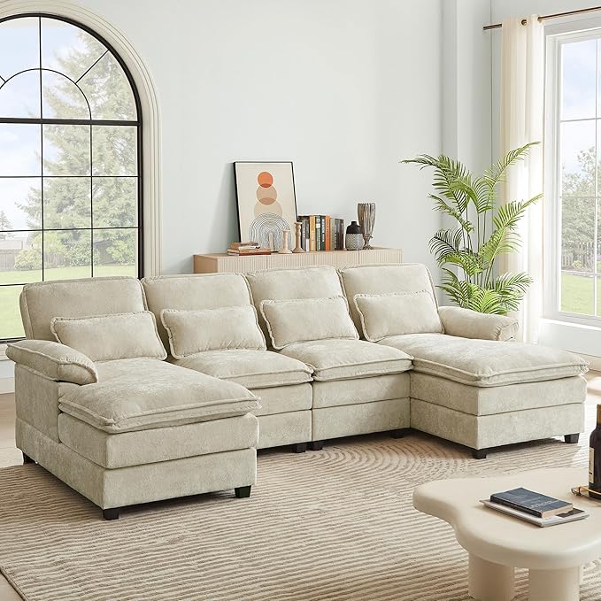 112" Modular Sectional Sofa, U Shaped Comfy Cloud Couch with Double Chaise and Padded Armrests, Modern Deep Seat Sectional Couches for Living Room, Apartment, Office, Beige