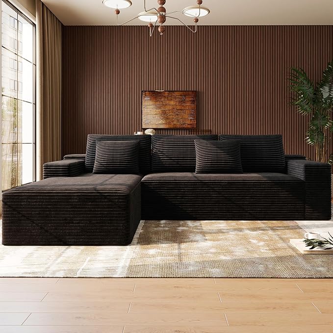 Boneless Modular Sectional Sofa, Cloud Couch with Left Facing Chaise, Oversized Deep Seat, L-Shaped, Soft Corduroy Fabric, Sectional Couch for Living Room -Black