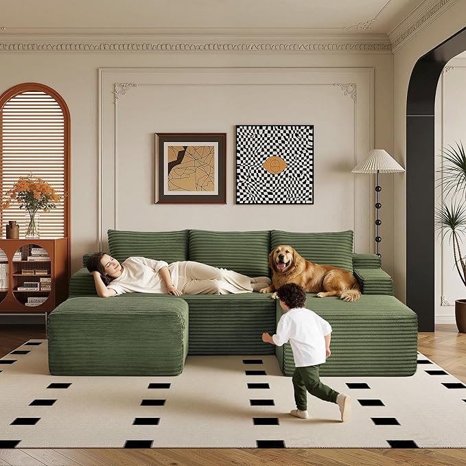96" Sectional Couches for Living Room Cloud Couch Sofa with L-Shape Upholstered Boneless Couchs Modern Modular Sectional Couch with Chaise (Green, 96" W+Right Facing Chaise+2Seaters+Ottoman)