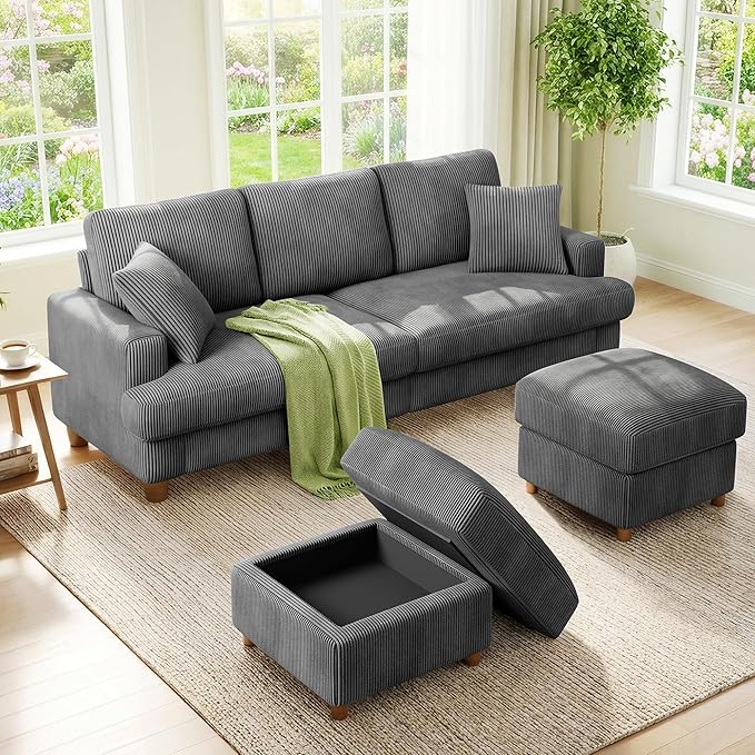 Kidirect 87in U Shaped Couch, Modular Sofa No Tool Assembly, Comfy Sectional Couches for Living Room 21in Deeper Seats, Corduroy Sofas for Living Room with 2 Pillows, Loveseat Sofa Set, Grey Couch | Comfy Corduroy, Oversized 87in Couch, 850LB Tough, To...