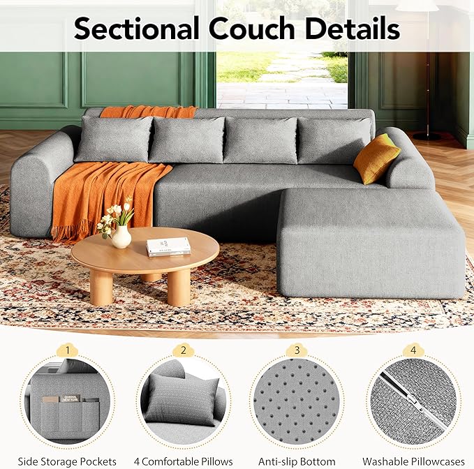 2026 New 105.5”Cloud Boneless Sectional Sofa for Living Room, L-Shaped 4-Seater Modular Couch with Ottoman, 4 Pillows, Deep Seat Chenille Fabric Sofa, No Assembly, 72H Full Restore, Light Grey