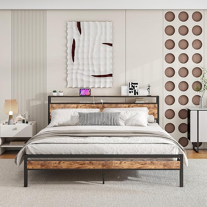 BOFENG Metal Platform King Size Bed Frame with Storage Headboard and USB Charging Station,King Bed Frame No Box Spring Needed,Sturdy and Noise-Free,Easy Assembly,Brown