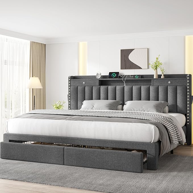 CypBed King Size Bed Frame with 4 Storage Drawers, Upholstered Platform King Bed Frame and Headboard, 3 USB & Type-C Charging Ports, Solid Wood Slats, No Box Spring Needed, No-Noise, Dark Grey,Gifts