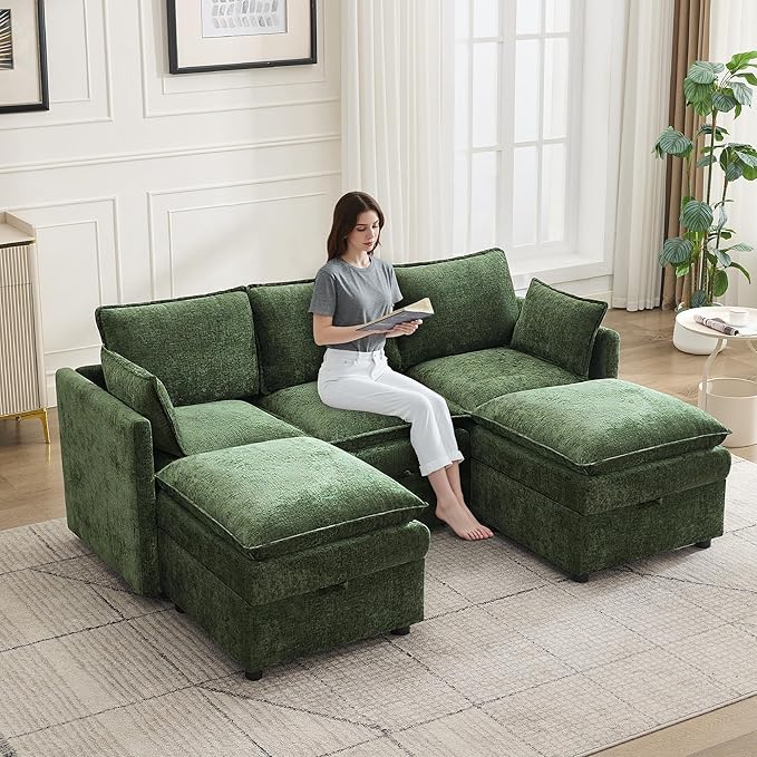 80" Cloud Modular 3 Seater Sofa with 2 Storage Ottoman, Modern Upholstered Storage Sofa Couch Deep Seat, U Shape Sectional Sofa Chenille Comfy Couch with Armrests for Living Room, Small Space, Green | Modular Sofa, Storage Ottoman, Upholstered Sofa, Se...