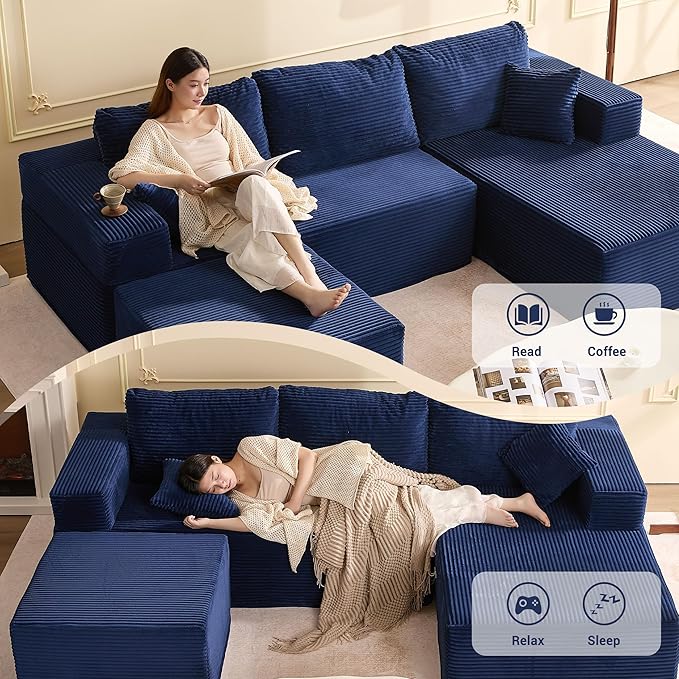 107" Boneless Couch with Deep Seat, Set of Modular Sectional Sofa, Cloud Sectional Couch for Living Room, No Assembly Required, Corduroy, U-Shape 3 Seater Right, Blue