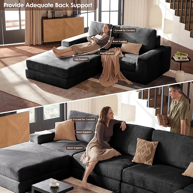 Modular Sectional Sofa, 120.47" Modern Cloud Couch Sectional Sofa with U-Shaped Chaise Comfy Corduroy Fluffy Couch with Deep Seat Boneless Couches for Living Room Bedroom, Black