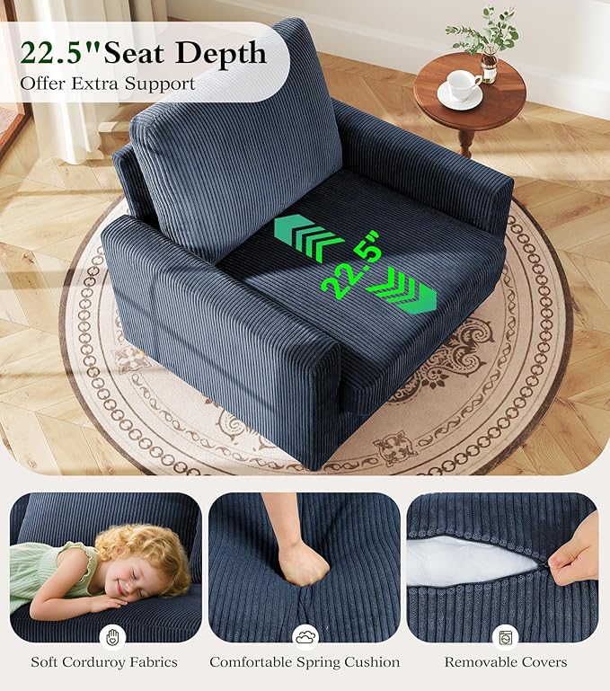 Kidirect 35.5in Oversized Accent Chair, Easy to Assemble Living Room Chairs, Corduroy Reading Chair for Bedroom, 22.5in Deeper Seats Accent Chairs for Living Room, Comfy Armchair Reading Nook, Blue