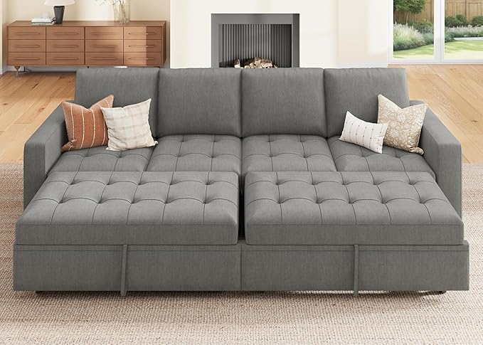 HONBAY Modular Sectional Sleeper Sofa with Pull Out Couch Bed, Convertible Sectional Couches for Living Room,Warm Grey