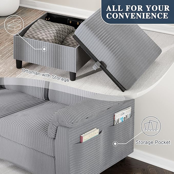 Meilocar Sectional Sofa Couch for Living Room, 79" Sectional Couches with Storage Ottoman, L Shaped Couch with Sloping Armrests, 3-Seat Sofa Couches for Small Space, Light Grey | Breathable Material