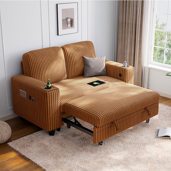 LINSY HOME Sectional Sleeper Sofa Pull Out Couches for Living Room (Brown, Pull Out Couch) | Pull Out Sofa Bed, Storage, USB Charging, Cup Holders, Plush Corduroy