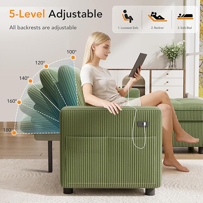 Vipbear Sectional Sleeper Couch with Pull Out Sofa Bed, L Shaped Plush Corduroy Couch with Reclining Backrest & Storage & USB Charging, Convertible Cloud Sectional Sofa Bed for Living Room, Green | Breathable material, Tool-Free Assembly, Reclining Bac...