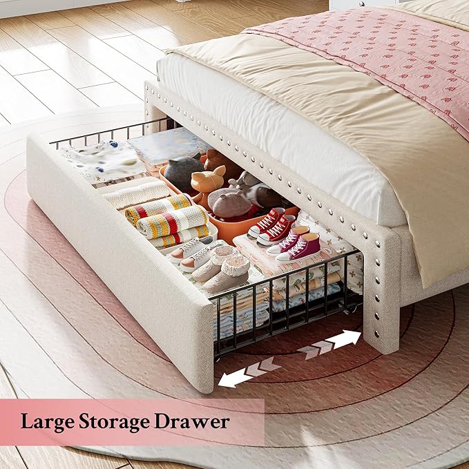 EnHomee Twin Bed Frames, Upholstered Twin Bed with Storage Drawer and 2-Tier Headboard, Vertical Tufted Headboard Design, Extra Storage Space for Bedroom Apartment, Beige
